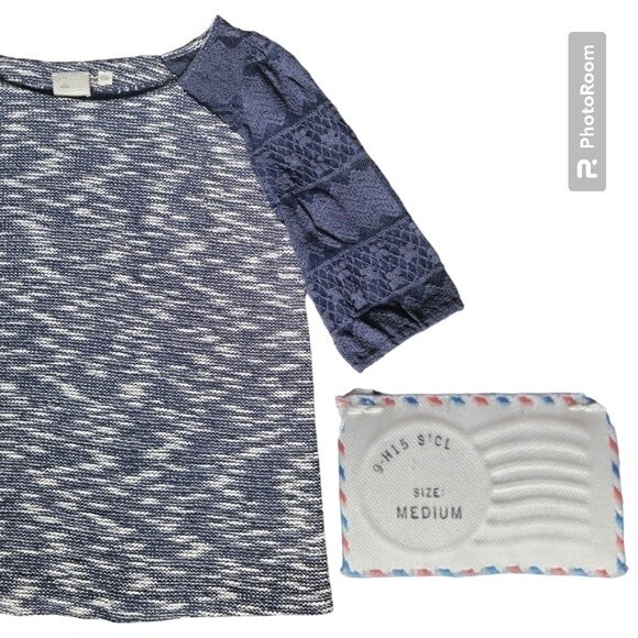 [ANTHRO] POSTMARK NAVY LACE SLEEVE KNIT TOP - M - Picture 1 of 12